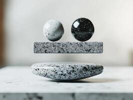 Abstract Geometric Composition with Floating Spheres and Rectangular Block in Minimalist Setting photo