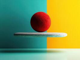 Vibrant Abstract Composition with Red Sphere on Floating Platform Against Colorful Geometric Background photo