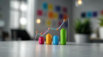 Colorful Bar Graph and Line Chart in Modern Office Setting with Blurred Background photo