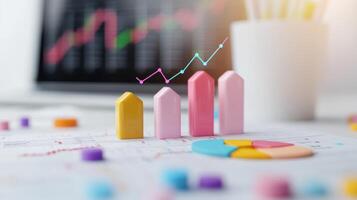 Colorful Bar Graphs and Charts on Desk with Blurred Computer Screen Showing Financial Data in Background photo