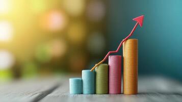 Colorful Bar Graph with Upward Arrow Showing Business Growth and Success on Wooden Table with Blurred Background photo