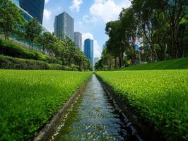 Modern Urban Park with Lush Greenery and Water Stream in the Heart of a City with Skyscrapers photo
