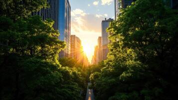 Urban Sunrise Sunlight Breaking Through Skyscrapers and Trees in a Modern Cityscape photo