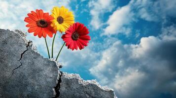 Vibrant Flowers Growing Through Cracked Concrete Against a Blue Sky with Clouds photo