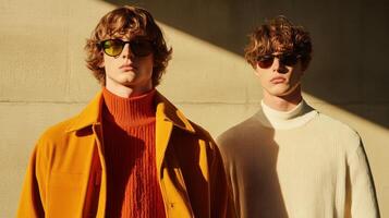 Fashionable Young Men in Stylish Sunglasses and Trendy Outfits Posing Against a Minimalist Background photo