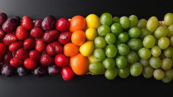 Colorful Array of Fresh Fruits Including Strawberries, Plums, Oranges, and Grapes on a Black Background photo