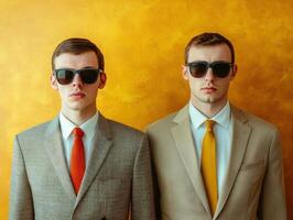 Two Stylish Men in Suits and Sunglasses Standing Against a Vibrant Yellow Background photo