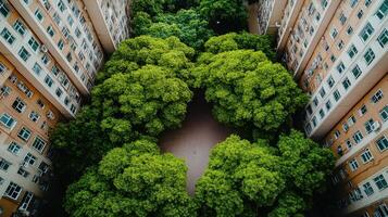 Aerial View of Lush Green Trees Surrounded by Tall Residential Buildings in an Urban Setting photo