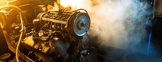 A close-up of a car engine emitting steam, illuminated by warm lighting, showcasing intricate mechanical details and industrial ambiance. photo
