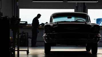 A mechanic works on a classic car in a workshop, highlighted by natural light streaming through large windows. photo