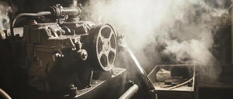 A vintage engine surrounded by steam, showcasing industrial machinery in a moody, atmospheric setting. photo
