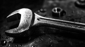 A close-up of a metallic wrench on a dark, textured surface, showcasing its wear and details in black and white. photo
