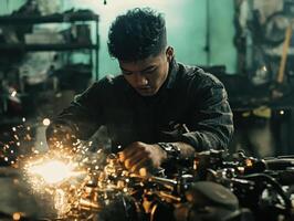 A focused mechanic works on machinery, sparks flying, in a dimly lit workshop, showcasing craftsmanship and dedication. photo