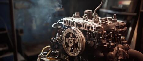 Close-up of a detailed engine with visible components and a smoky background, showcasing industrial mechanics and engineering. photo