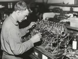 A mechanic works diligently on an engine component in a vintage workshop, showcasing craftsmanship and attention to detail. photo