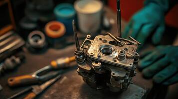 A close-up of a mechanical carburetor on a workbench, with gloved hands and tools in a workshop setting. photo
