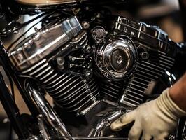 Close-up of a motorcycle engine being serviced, showcasing intricate metal details and a gloved hand performing maintenance. photo