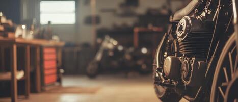 A close-up view of a motorcycle in a workshop, showcasing the engine and tools, with another bike blurred in the background. photo