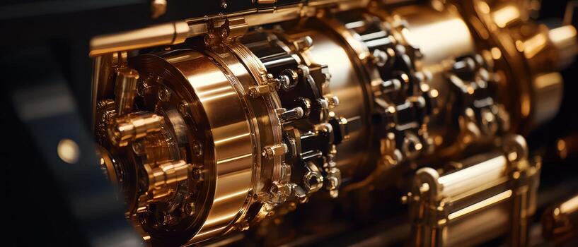 Close-up of a metallic, golden mechanical component showcasing intricate details and precision engineering. photo