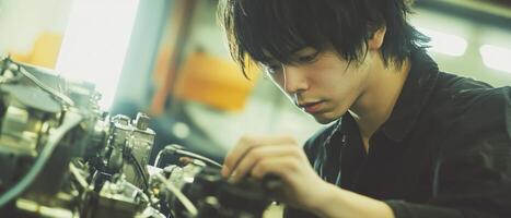 A focused mechanic working on an engine, showcasing concentration and skill in a garage setting. photo