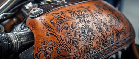 Intricate leather detail on a motorcycle, showcasing exquisite craftsmanship and design elements. photo
