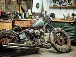A vintage motorcycle rests in a workshop filled with tools and wooden furniture, showcasing rustic charm and craftsmanship. photo