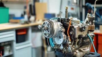Close-up of a mechanical engine component in a workshop, showcasing intricate details and surrounding tools in a well-organized space. photo