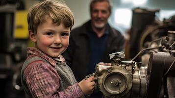 A young boy smiles while working on machinery in a workshop, with an older man in the background, highlighting the bond of learning and craftsmanship. photo