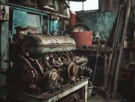 Old engine resting on a workbench in a rustic workshop, surrounded by tools and equipment, showcasing a vintage mechanical aesthetic. photo