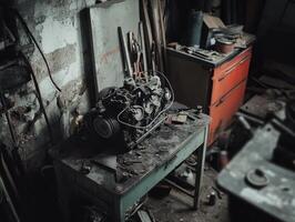 A vintage engine sits on a cluttered workbench in a dimly lit garage, surrounded by tools and debris, evoking a sense of nostalgia and industry. photo