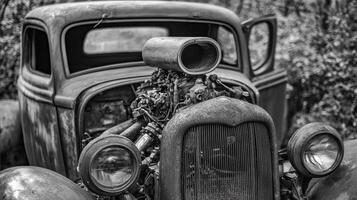 An old, rusty car with a prominent engine and blower sits amidst greenery, showcasing vintage design and decay in a black-and-white setting. photo