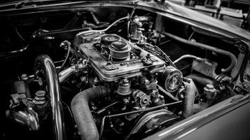 Close-up of a classic car engine showcasing intricate mechanical details in black and white. photo