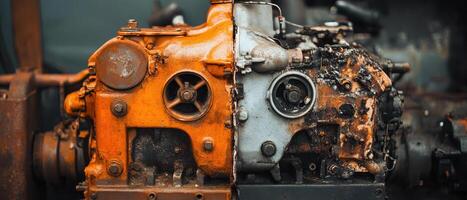 Close-up of an orange and grey mechanical engine showcasing intricate details and textures. photo
