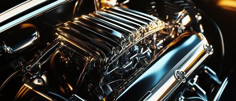 Close-up of a polished car engine showcasing metallic details and modern design elements. photo