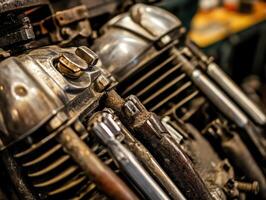 Close-up of a vintage motorcycle engine displaying intricate metalwork and details, showcasing wear and character over time. photo
