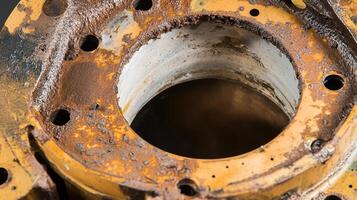 Rusty mechanical part with a hollow center, showcasing corrosion and wear, indicative of age and industrial usage. photo