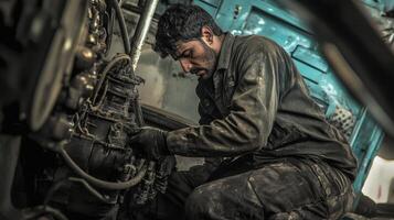 A mechanic works intently on a vehicle engine, surrounded by tools and machinery, showcasing hands-on expertise and dedication. photo