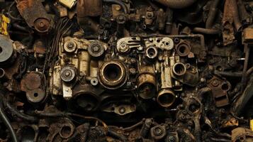 An assortment of rusted metal parts with a focus on an engine component, surrounded by various discarded machinery elements. photo