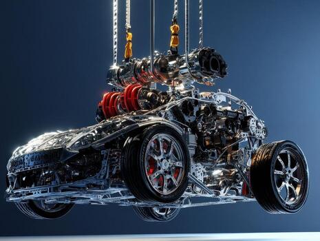 A shiny, transparent car model showcases its intricate engine and mechanical details, suspended by chains against a dark background. photo