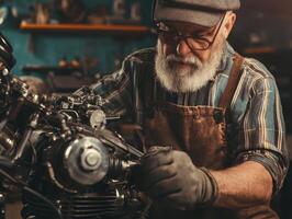 An elderly mechanic works intently on a motorcycle engine in a vintage workshop, showcasing his expertise and craftsmanship. photo