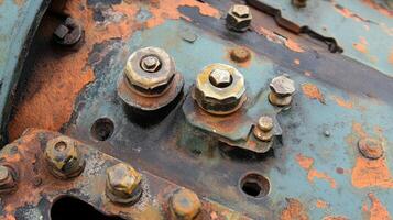 Rusty metal components showcasing bolts and nuts, emphasizing texture and age on a weathered surface. photo