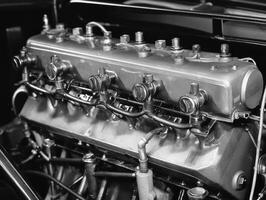 Detailed view of a vintage car engine, showcasing metallic components and intricate design, emphasizing craftsmanship and engineering. photo