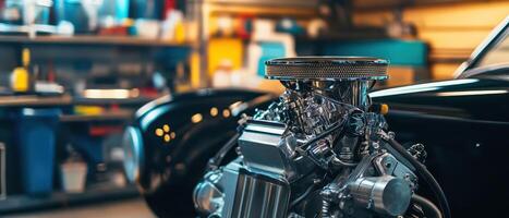 Close-up of a car engine in a workshop, highlighting intricate details and a polished finish, surrounded by tools and equipment. photo