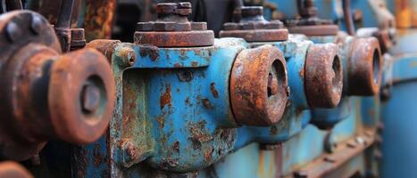 Rusty blue machinery parts with bolts, showcasing wear and aging in an industrial setting. photo