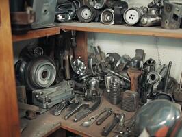 A cluttered shelf filled with various metal tools and mechanical parts, showcasing an organized yet chaotic workspace atmosphere. photo