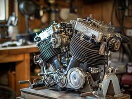 A detailed motorcycle engine resting on a workbench, showcasing intricate metallic components and craftsmanship in a workshop setting. photo