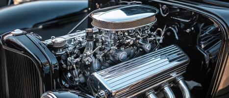 Close-up view of a classic car engine showcasing polished metal components and intricate details. photo