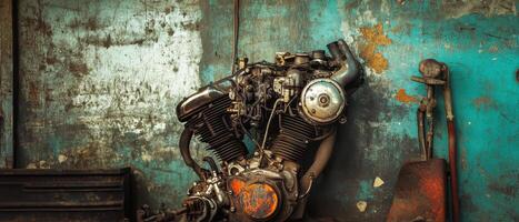 An old, rusty engine rests against a weathered turquoise wall, showcasing industrial decay and vintage machinery. photo