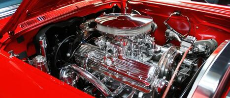 Shiny chrome engine in a classic red car, showcasing intricate mechanical details and design elements. photo