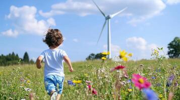 A child runs through a colorful flower-filled field, with a wind turbine visible against a bright blue sky. photo